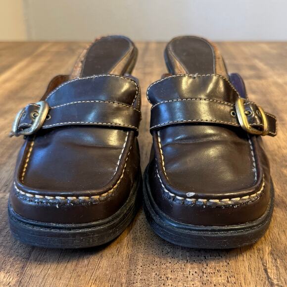 VTG Mudd Toni Platform Mules Chunky Heel Buckle Faux Leather 90s Y2K Brown Sz 10 - Picture 11 of 12